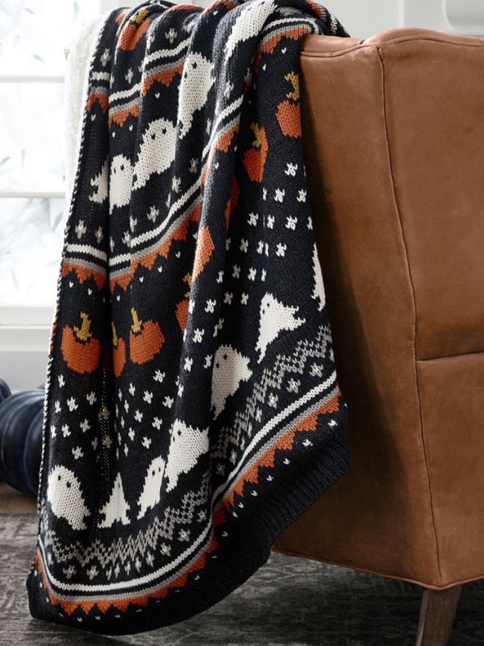 Pottery Barn Gus The Ghost Black, White & Orange Knit Ghost and Pumpkin Throw